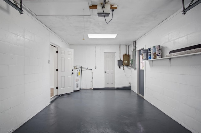 garage featuring water heater, a garage door opener, and electric panel