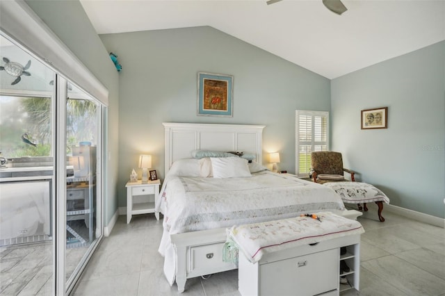 bedroom featuring ceiling fan, access to exterior, and vaulted ceiling