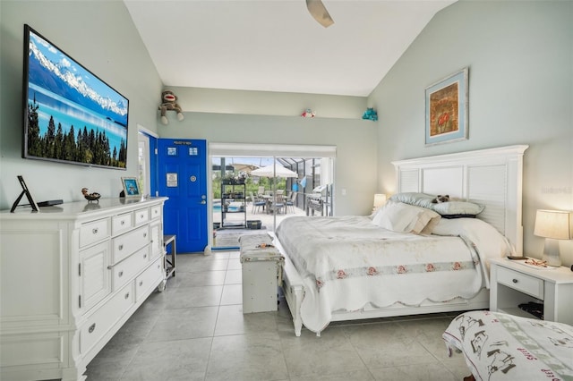 tiled bedroom with lofted ceiling, ceiling fan, and access to outside