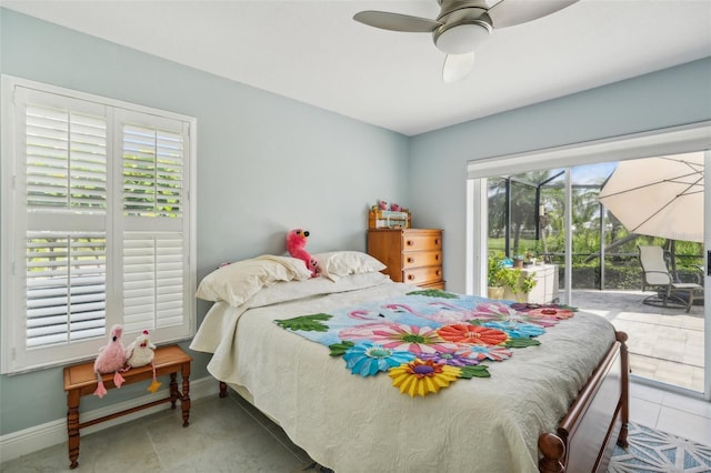 bedroom with access to exterior and ceiling fan