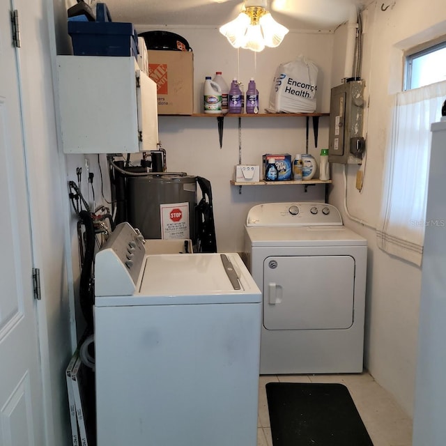 washroom featuring laundry area, electric water heater, electric panel, and washing machine and clothes dryer