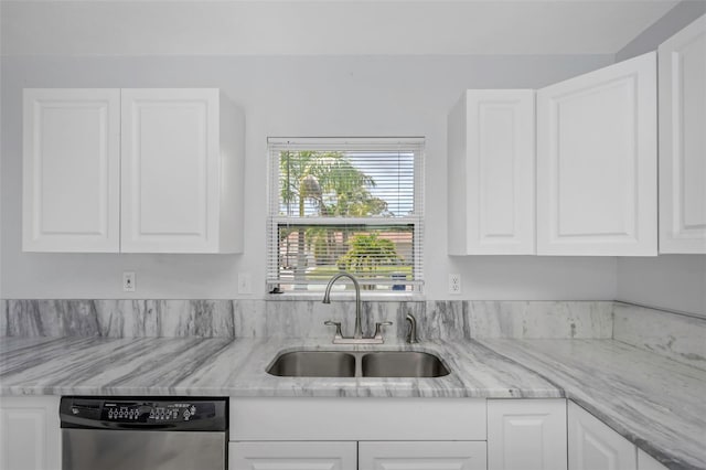 kitchen featuring a sink, light stone counters, white cabinets, and stainless steel dishwasher