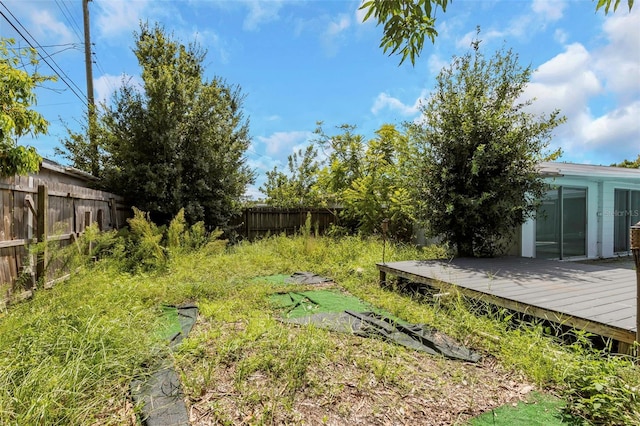 view of yard with a deck and a fenced backyard