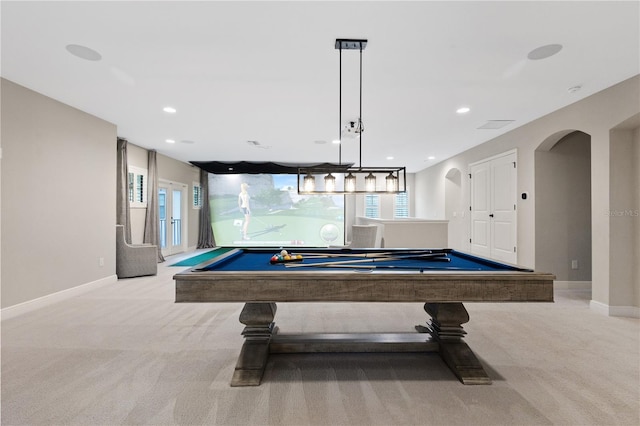 recreation room featuring light carpet and pool table