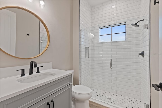 bathroom featuring toilet, vanity, wood-type flooring, and walk in shower