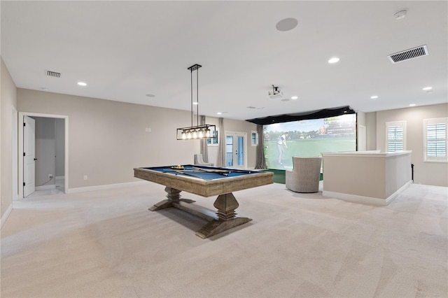 rec room with light carpet and billiards