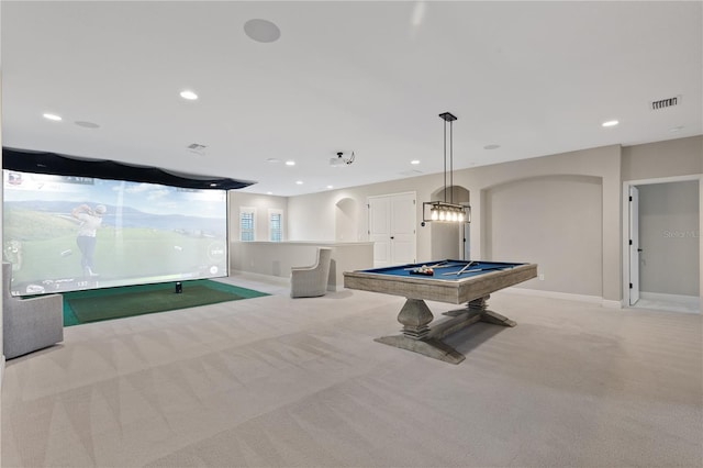 game room with golf simulator, light carpet, and pool table