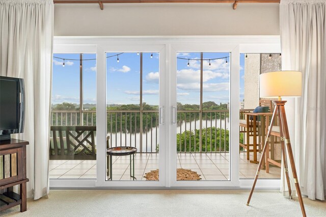 entryway with a water view and carpet flooring