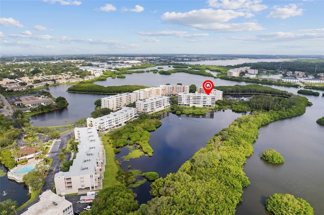 drone / aerial view with a water view