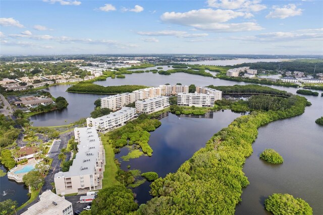 bird's eye view with a water view