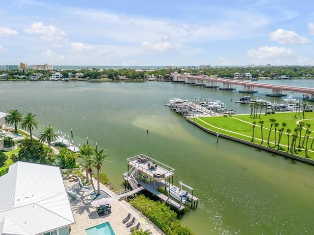 bird's eye view with a water view