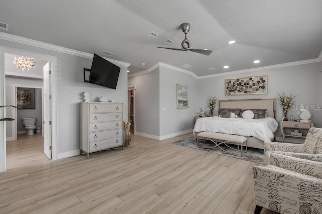 bedroom with ornamental molding, ceiling fan with notable chandelier, and light hardwood / wood-style floors