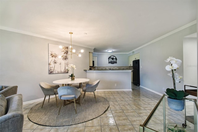 tiled dining room with a chandelier and crown molding