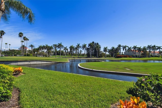 view of home's community with a water view and a yard