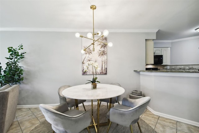 dining area with ornamental molding, a notable chandelier, and light tile patterned flooring