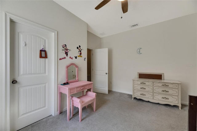 bedroom with lofted ceiling, carpet flooring, and ceiling fan