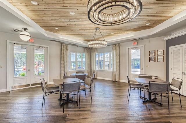 dining space featuring wooden ceiling, a raised ceiling, a notable chandelier, and dark hardwood / wood-style floors