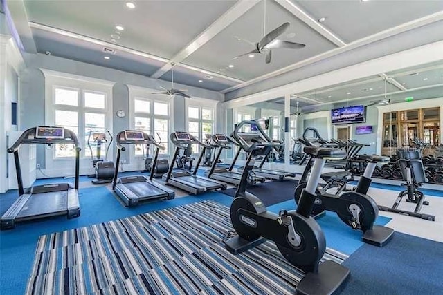 gym featuring ceiling fan