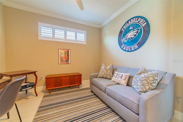 living room featuring ornamental molding and light wood-type flooring