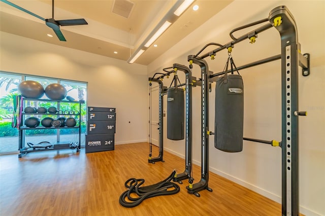 workout room featuring wood-type flooring and ceiling fan