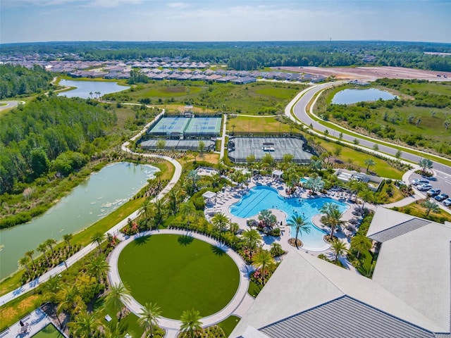 birds eye view of property featuring a water view