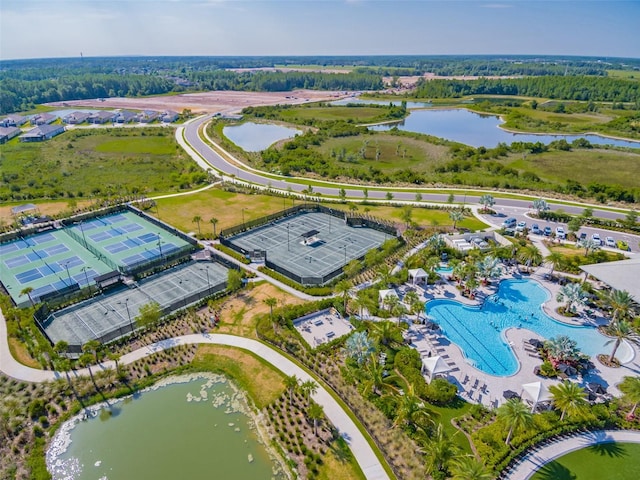 birds eye view of property featuring a water view