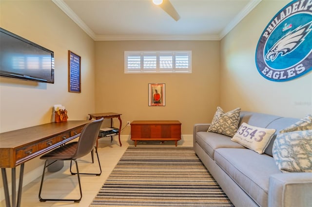 office area featuring light hardwood / wood-style flooring and ornamental molding