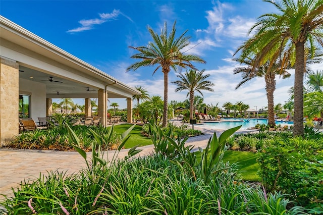 exterior space featuring a community pool, a patio, and ceiling fan