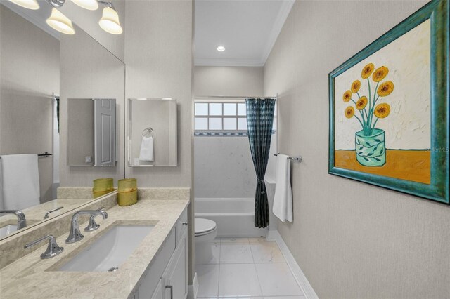 full bathroom with shower / tub combo with curtain, crown molding, vanity, tile patterned floors, and toilet