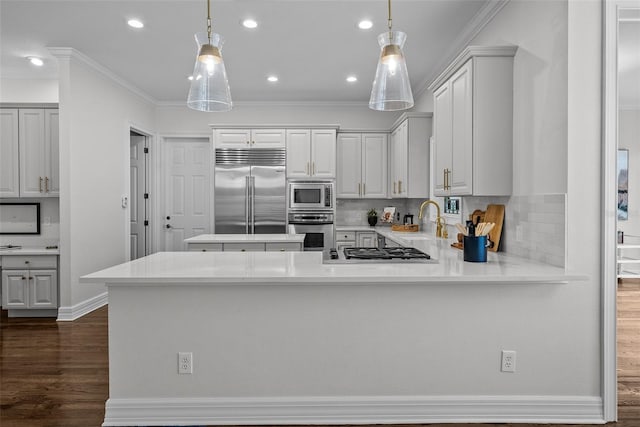 kitchen with white cabinetry, built in appliances, decorative light fixtures, ornamental molding, and decorative backsplash