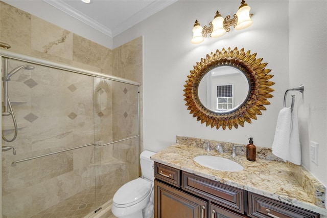 bathroom with ornamental molding, toilet, vanity, and walk in shower