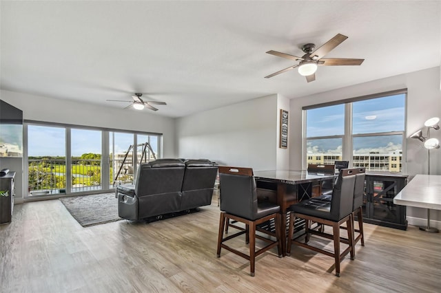 dining space featuring a wealth of natural light, light hardwood / wood-style flooring, and ceiling fan