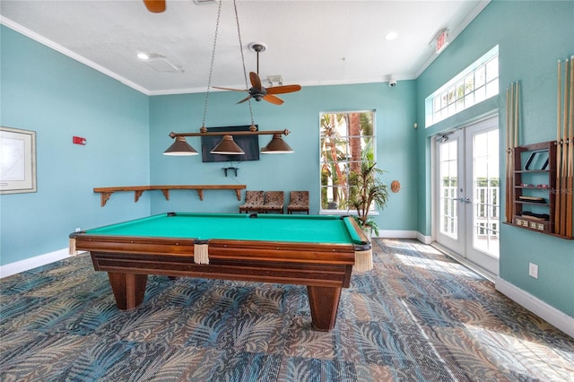 playroom with french doors, pool table, and a healthy amount of sunlight