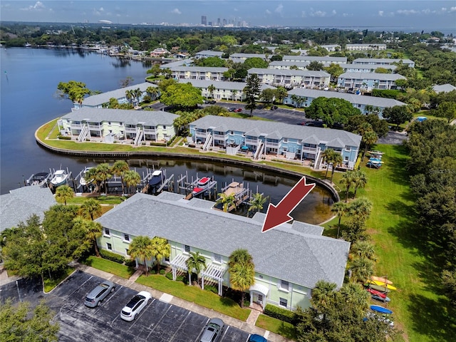 drone / aerial view featuring a water view