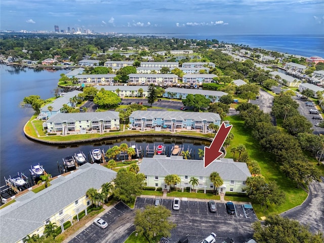 bird's eye view with a water view