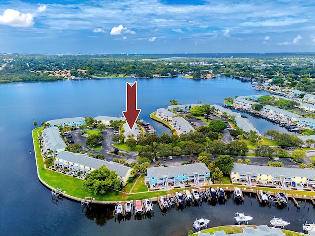 birds eye view of property featuring a water view