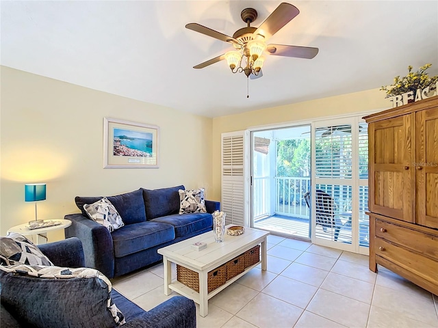 tiled living room with ceiling fan