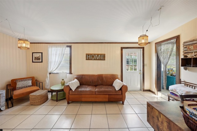 living room featuring light tile patterned floors