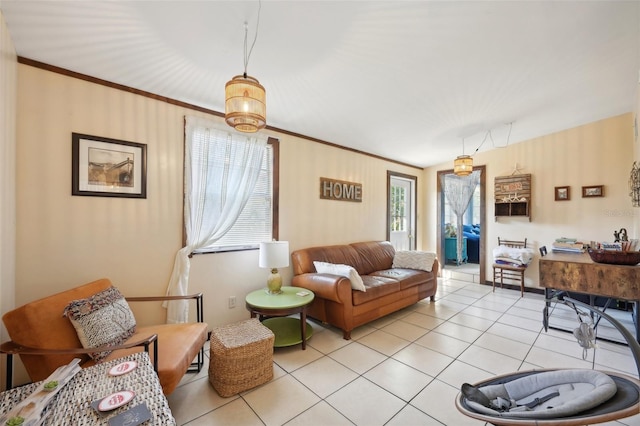 living room with crown molding and light tile patterned floors