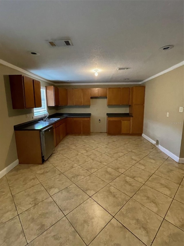 kitchen with crown molding, a textured ceiling, light tile patterned floors, dishwasher, and sink