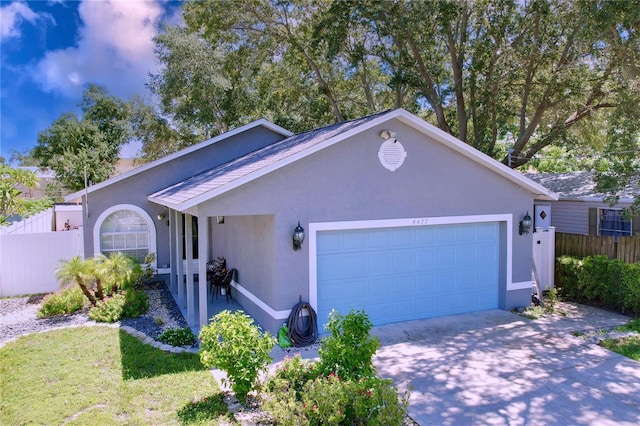 4477 67th St N, Saint Petersburg, FL 33709 - view of front of property featuring stucco siding, fence, driveway, and a garage
