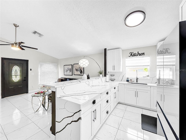 4477 67th St N, Saint Petersburg, FL 33709 - kitchen featuring white cabinets, marble finish floor, visible vents, a ceiling fan, and light stone countertops