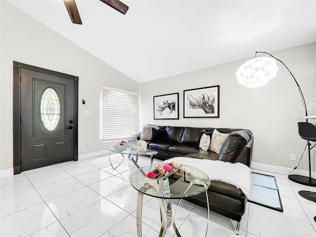 living room featuring vaulted ceiling and ceiling fan