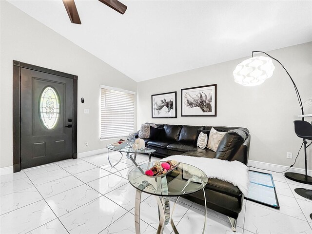 4477 67th St N, Saint Petersburg, FL 33709 - living area featuring marble finish floor, baseboards, vaulted ceiling, and ceiling fan