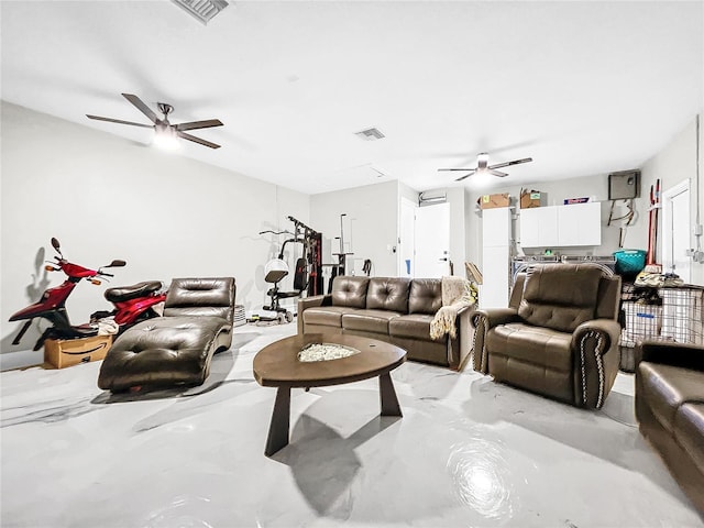 4477 67th St N, Saint Petersburg, FL 33709 - living area featuring visible vents, ceiling fan, and finished concrete floors