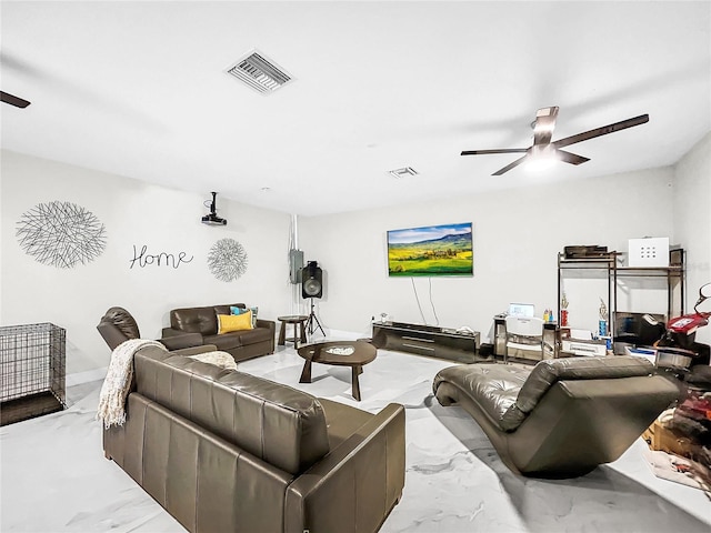 4477 67th St N, Saint Petersburg, FL 33709 - living room featuring marble finish floor, visible vents, and a ceiling fan