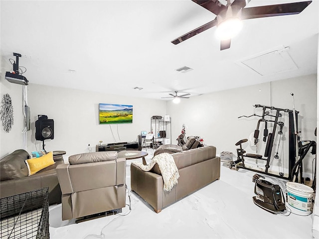 living room with concrete flooring and ceiling fan