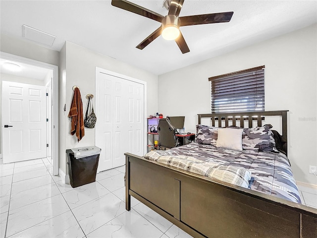 4477 67th St N, Saint Petersburg, FL 33709 - bedroom featuring marble finish floor, visible vents, a closet, baseboards, and ceiling fan