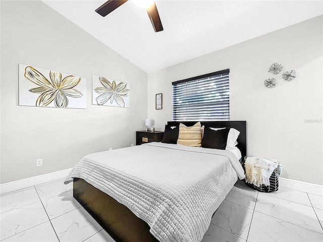 4477 67th St N, Saint Petersburg, FL 33709 - bedroom with baseboards, vaulted ceiling, marble finish floor, and a ceiling fan