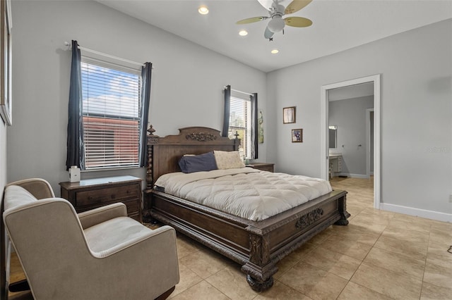 bedroom featuring connected bathroom, ceiling fan, and light tile patterned flooring